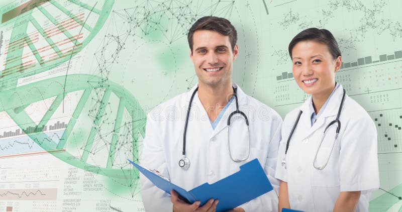 zusammengesetztes Bild 3D des Porträts lächelnder Doktoren mit ärztlichem Attest lizenzfreie stockfotografie zusammengesetztes Bild 3D des Porträts lächelnder Doktoren mit ärztlichem Attest lizenzfreie stockfotografie