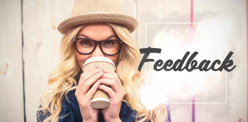 Feedback text against white background against portrait of smiling fashionable woman drinking coffee outdoors. Feedback text against white background against portrait of smiling fashionable woman drinking coffee outdoors