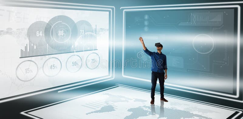 Zusammengesetztes Bild des Geschäftsmannes gestikulierend beim Simulator der virtuellen Realität zwar schauen lizenzfreies stockfoto