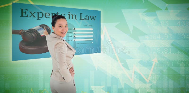 Zusammengesetztes Bild des lächelndem asiatischem Geschäftsfrauzeigens lizenzfreies stockbild Zusammengesetztes Bild des lächelndem asiatischem Geschäftsfrauzeigens lizenzfreies stockbild