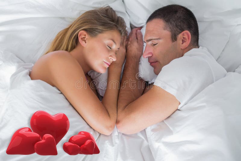 Zusammengesetztes Bild des netten Paarlügens schlafend im Bett vektor abbildung Zusammengesetztes Bild des netten Paarlügens schlafend im Bett vektor abbildung