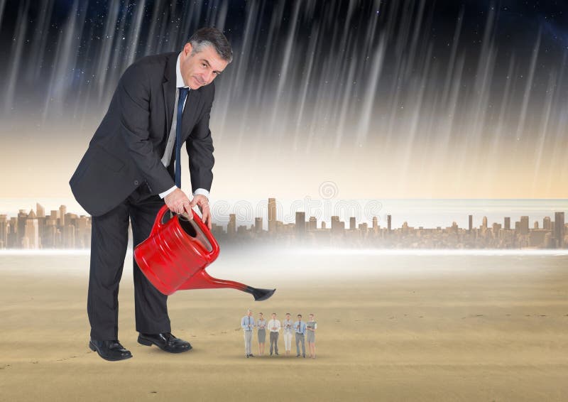 Zusammengesetztes Bild Digital von Bewässerungsgeschäftsleuten des Geschäftsmannes im Regen gegen Stadt