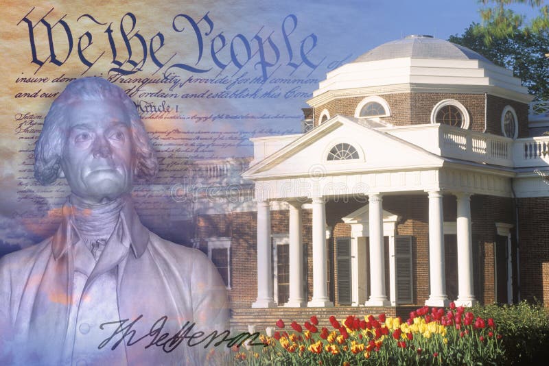 Zusammengesetztes Bild von Monticello, VON US-Konstitution und von Fehlschlag von Thomas Jefferson mit seiner Unterschrift