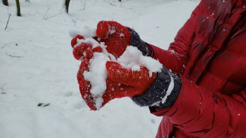 Zusammenstoßender Schneeball der Person in den Händen, Winternatur genießend, Unterhaltung