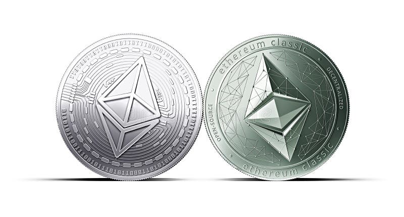 Zusammentreffen von klassischen Münzen Ethereum und Ethereum lokalisiert auf weißem Hintergrund mit Kopienraum lizenzfreie abbildung Zusammentreffen von klassischen Münzen Ethereum und Ethereum lokalisiert auf weißem Hintergrund mit Kopienraum lizenzfreie abbildung