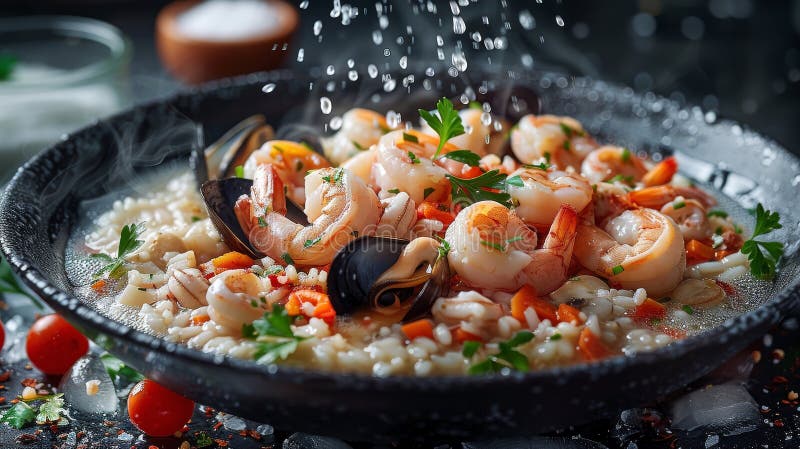 Zutaten des klassischen Risotto ai frutti di mare : Shrimps-Muscheln und Tintenfisch-Float über cremigem Risotto lizenzfreie abbildung