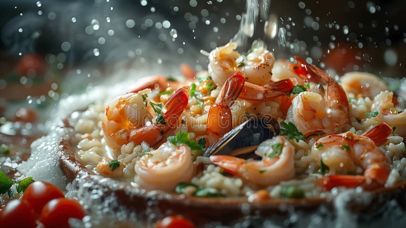 Zutaten des klassischen Risotto ai frutti di mare : Shrimps-Muscheln und Tintenfisch-Float über cremigem Risotto vektor abbildung