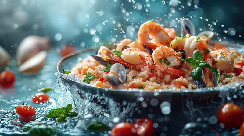 Zutaten des klassischen Risotto ai frutti di mare : Shrimps-Muscheln und Tintenfisch-Float über cremigem Risotto lizenzfreie abbildung