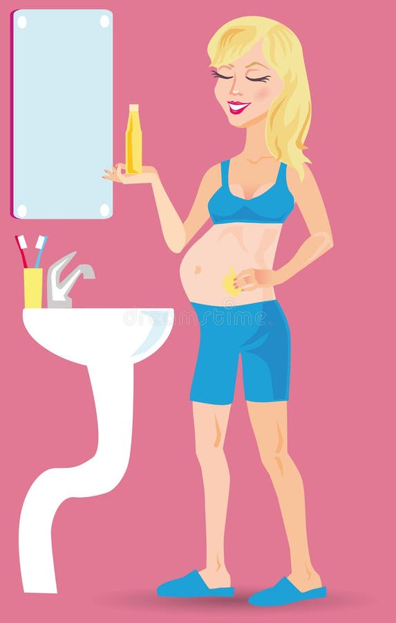 Zwangere uit te rekken vrouwen bevochtigende buik zich stock illustratie Zwangere uit te rekken vrouwen bevochtigende buik zich stock illustratie