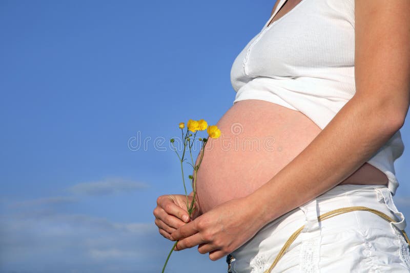 Pregnant woman holding a bunch of buttercups with exposed bare stomach. Blue sky to the rear. Pregnant woman holding a bunch of buttercups with exposed bare stomach. Blue sky to the rear.