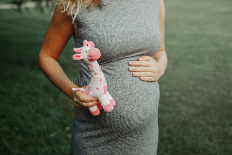Zwangere vrouw wat betreft haar buik en holdingsroze gevulde pluchestuk speelgoed giraf stock afbeelding Zwangere vrouw wat betreft haar buik en holdingsroze gevulde pluchestuk speelgoed giraf stock afbeelding