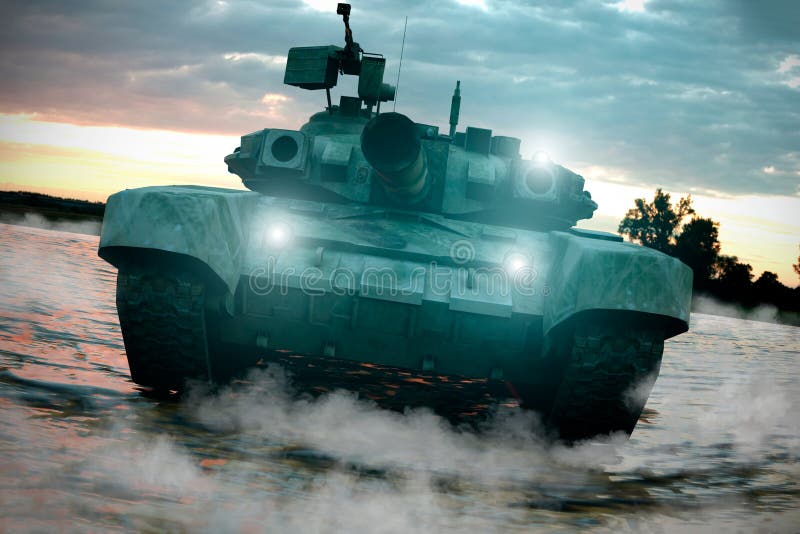Zware Militaire Tank in Slagveldlandschap bij Zonsondergang met Mooie Hemel het 3d teruggeven