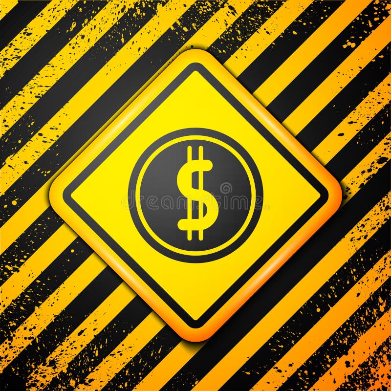 Zwart muntgeld met dollarsymbool geïsoleerd op gele achtergrond. bancaire valutamodel. kassymbool. waarschuwingsbord