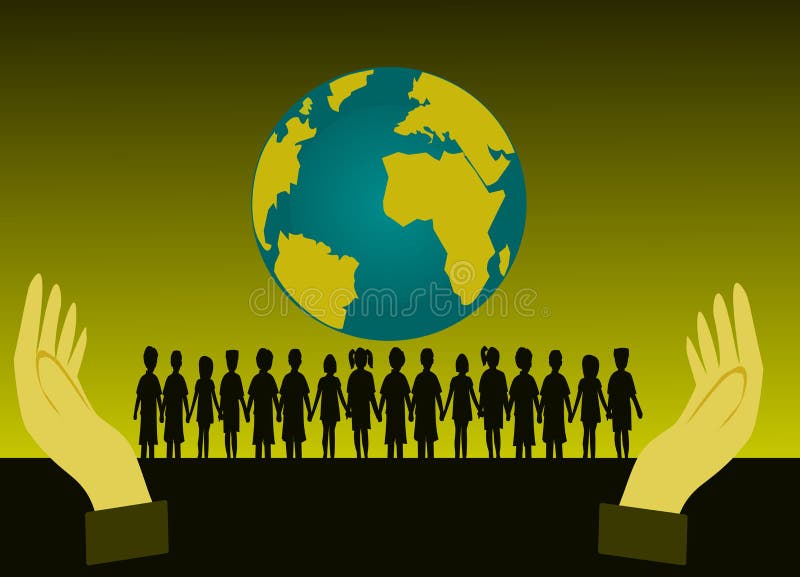 Zwart silhouet van groepskinderen die zich voor de wereld bevinden Ik heb twee handen stock illustratie Zwart silhouet van groepskinderen die zich voor de wereld bevinden Ik heb twee handen stock illustratie