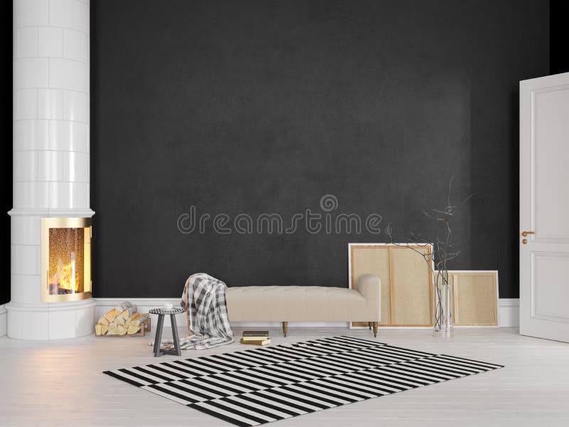 Zwart Skandinavisch, klassiek binnenland met laag, fornuis, open haard, tapijt stock foto Zwart Skandinavisch, klassiek binnenland met laag, fornuis, open haard, tapijt stock foto