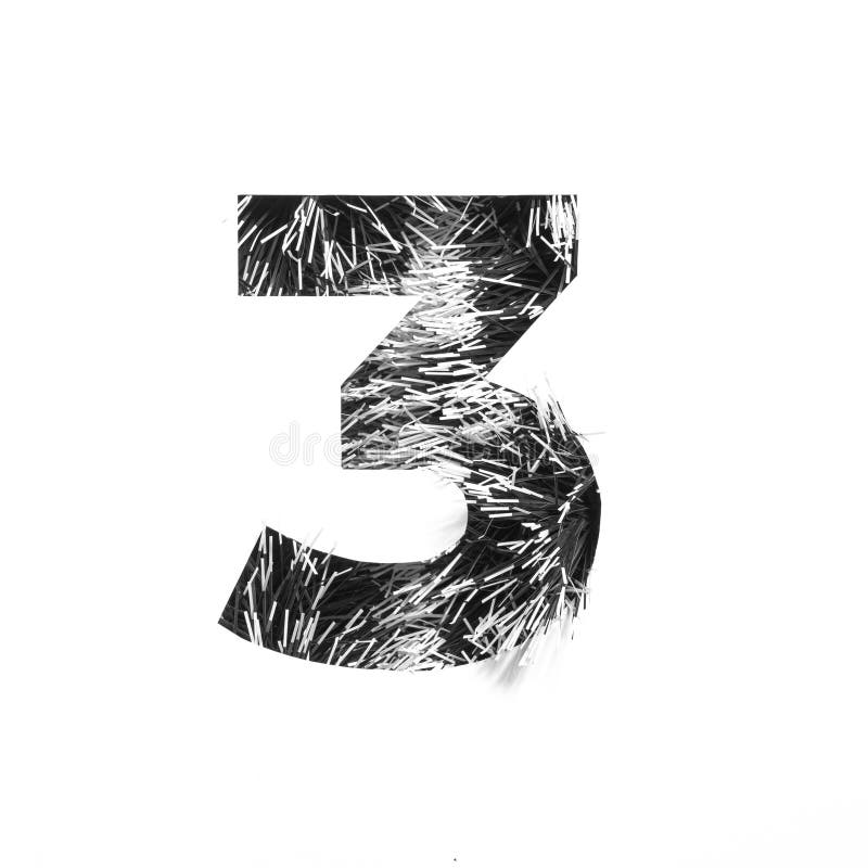 Black and white fur minimalistic typeface, number three of tinsel and paper cut in shape of third numeral. High quality photo. Black and white fur minimalistic typeface, number three of tinsel and paper cut in shape of third numeral. High quality photo