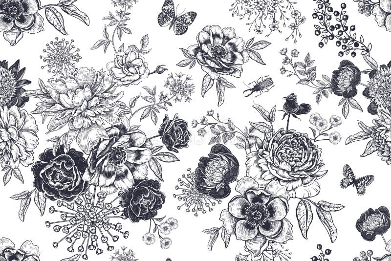 Zwart-wit jaartal naadloos patroon Bloemen, kevers en vlinders