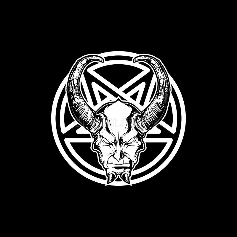 Zwart-witte satan of damon met hoorn en pentagram vector stock illustratie Zwart-witte satan of damon met hoorn en pentagram vector stock illustratie
