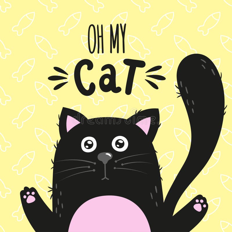 Zwarte beeldverhaalkat en een met de hand geschreven inschrijving Oh mijn kat Vector illustratie vector illustratie Zwarte beeldverhaalkat en een met de hand geschreven inschrijving Oh mijn kat Vector illustratie vector illustratie