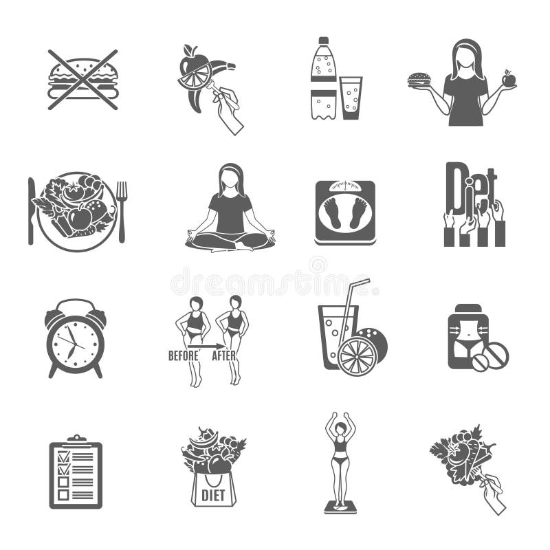 Zwarte geplaatste pictogrammen van het gewichts de losse dieet stock illustratie Zwarte geplaatste pictogrammen van het gewichts de losse dieet stock illustratie