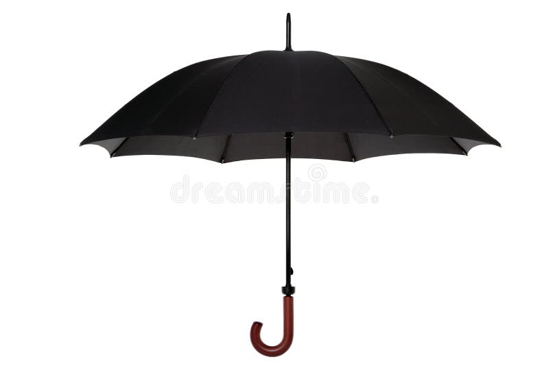 An open black umbrella with wooden handle isolated on a white background. An open black umbrella with wooden handle isolated on a white background.