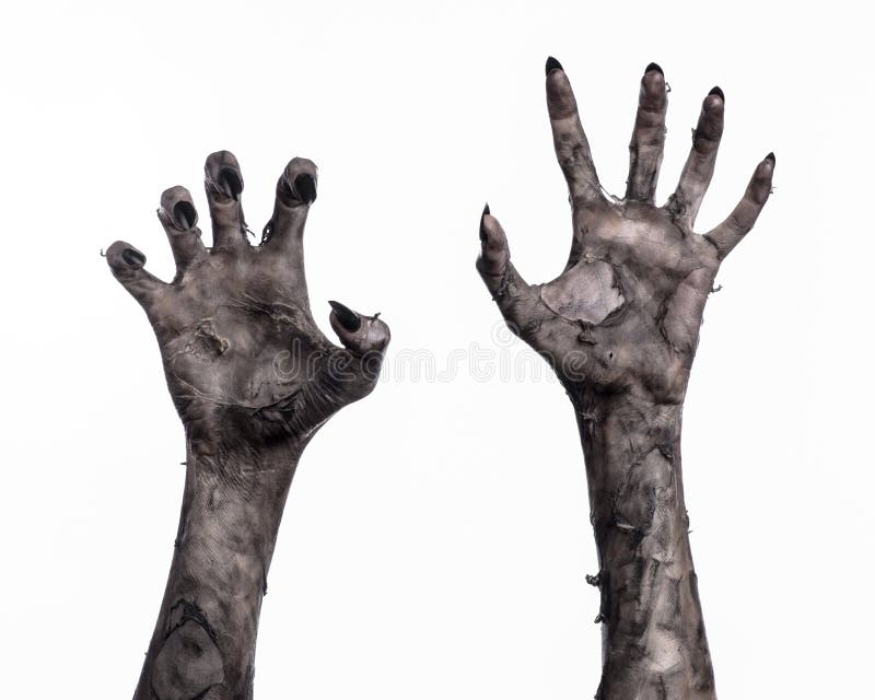 Zwarte hand van dood, volkomen het lopen, zombiethema, Halloween-thema, zombiehanden, witte achtergrond, brijhanden stock afbeelding Zwarte hand van dood, volkomen het lopen, zombiethema, Halloween-thema, zombiehanden, witte achtergrond, brijhanden stock afbeelding