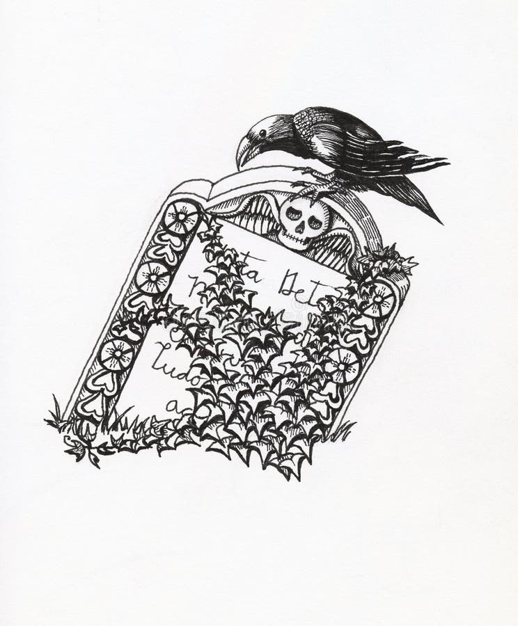 Zwarte Kraai op een Grafsteen royalty-vrije illustratie Zwarte Kraai op een Grafsteen royalty-vrije illustratie