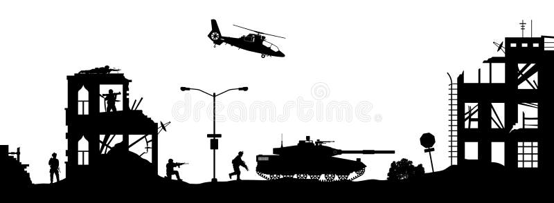 Zwarte militaire silhouetten De militairen vallen huis met terroristen aan Scène van gevecht in gebroken stad Oorlogspanorama