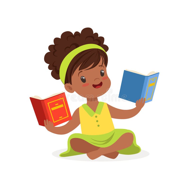 Zwarte mooie meisjeszitting op de vloer en lezingsboeken, jong geitje die van lezing, kleurrijke karaktervector genieten royalty-vrije illustratie Zwarte mooie meisjeszitting op de vloer en lezingsboeken, jong geitje die van lezing, kleurrijke karaktervector genieten royalty-vrije illustratie