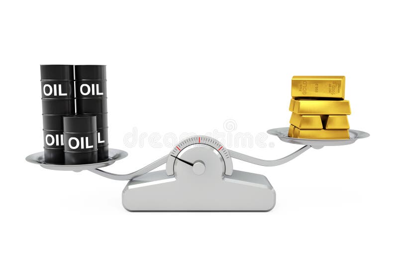 Zwarte Olievaten met Gouden Bars die op een Eenvoudige Weighti in evenwicht brengen vector illustratie Zwarte Olievaten met Gouden Bars die op een Eenvoudige Weighti in evenwicht brengen vector illustratie