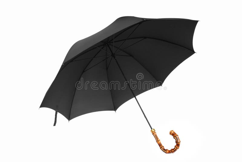 Stylish open black umbrella with carved handle, isolated on white. Stylish open black umbrella with carved handle, isolated on white.