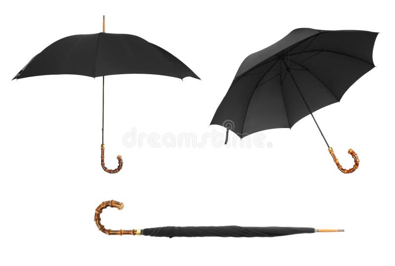 Stylish black umbrella with carved handle - furled and open - isolated on white. Stylish black umbrella with carved handle - furled and open - isolated on white.