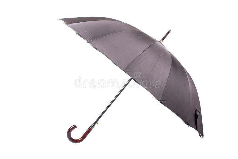 Large black umbrella with wooden handle isolated on white background. Large black umbrella with wooden handle isolated on white background.