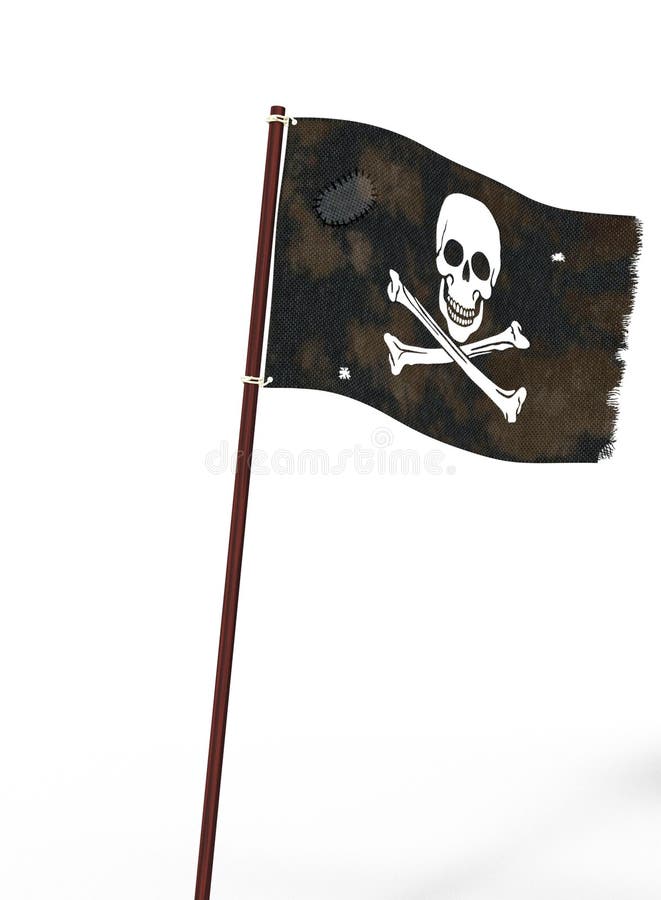 Zwarte piraatvlag met schedel en beenderen van witte kleur en versleten stof, 3d illustratie stock illustratie Zwarte piraatvlag met schedel en beenderen van witte kleur en versleten stof, 3d illustratie stock illustratie