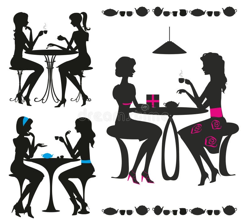 Black isolated silhouettes of girls in cafe. Black isolated silhouettes of girls in cafe