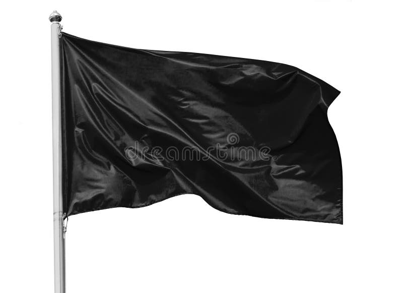 Zwarte vlag die die in de wind op vlaggestok golven, op witte achtergrond wordt geïsoleerd
