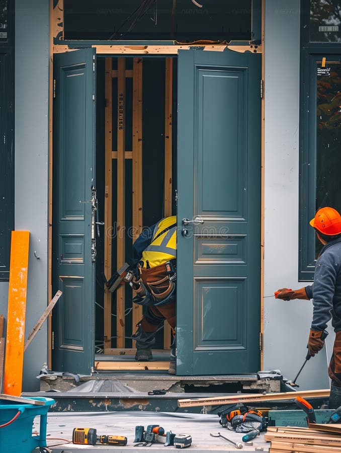 Zwei Arbeiter installieren sorgfältig eine neue Tür in einem Wohnhaus, die ihre Kompetenz und den sorgfältigen Prozess zeigt lizenzfreie stockfotografie