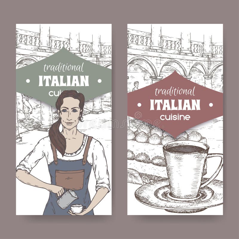 Zwei Aufkleber mit barista, Ilalian-Patio, Kaffeetasse und Tiramisu auf Weiß stock abbildung Zwei Aufkleber mit barista, Ilalian-Patio, Kaffeetasse und Tiramisu auf Weiß stock abbildung