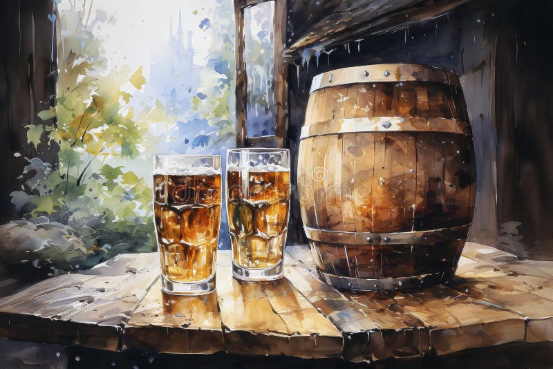 Zwei Biergläser und ein Fass auf einem Holztisch. Aquarellzeichnung vektor abbildung