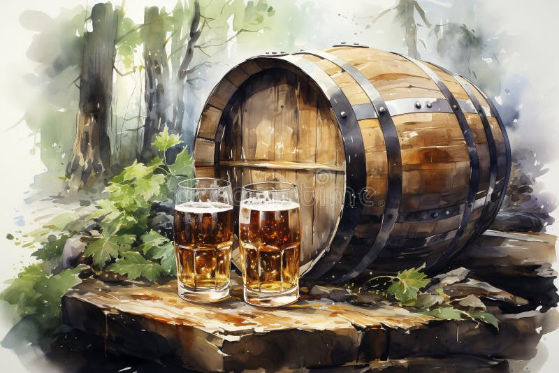 Zwei Biergläser und ein Fass auf einem Holztisch im Wald stock abbildung