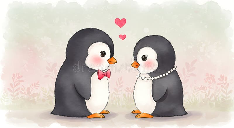 Zwei Cartoon Pinguine stehen sich vor einem weichen pastellfarbenen Hintergrund gegenüber. Die vektor abbildung