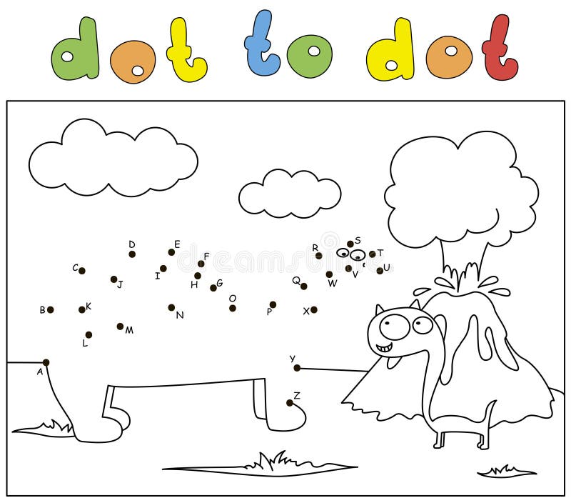 Zwei Comic-Cartoon-Dinosaurier und Vulkanausbruch Farbbuch und Punkt-zu-Punkt-Spiel für Kinder vektor abbildung Zwei Comic-Cartoon-Dinosaurier und Vulkanausbruch Farbbuch und Punkt-zu-Punkt-Spiel für Kinder vektor abbildung