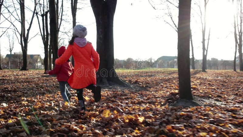 Zwei Energieschulkinder ein Junge und ein Mädchenlauf durch trockene Gelbe Blätter in einem sonnigen Herbstpark