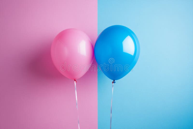 Zwei farbenfrohe Ballons schwebend vor einem lebhaften rosa und blauen Hintergrund, der ein Geschlecht enthüllt, oder eine Babydus stockbilder