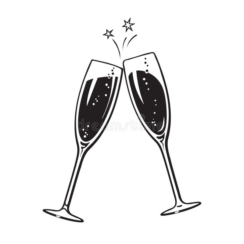 Zwei funkelnde Gläser Champagner oder Wein Jubelt Ikone zu Retrostilvektorillustration auf weißem Hintergrund