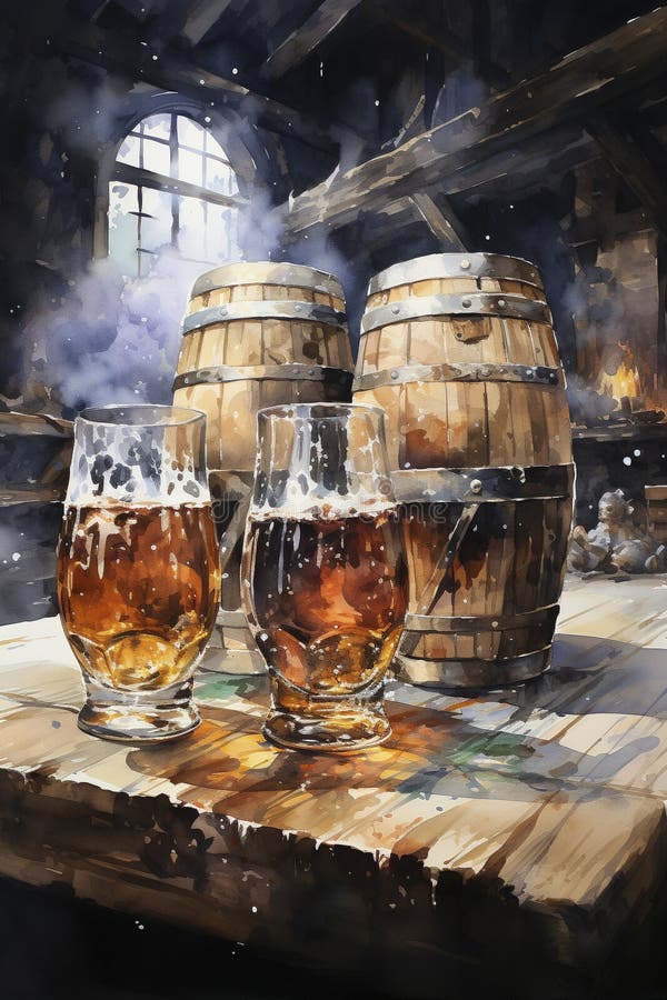 Zwei Gläser Bier und Fass auf einem Holztisch im Keller lizenzfreie abbildung