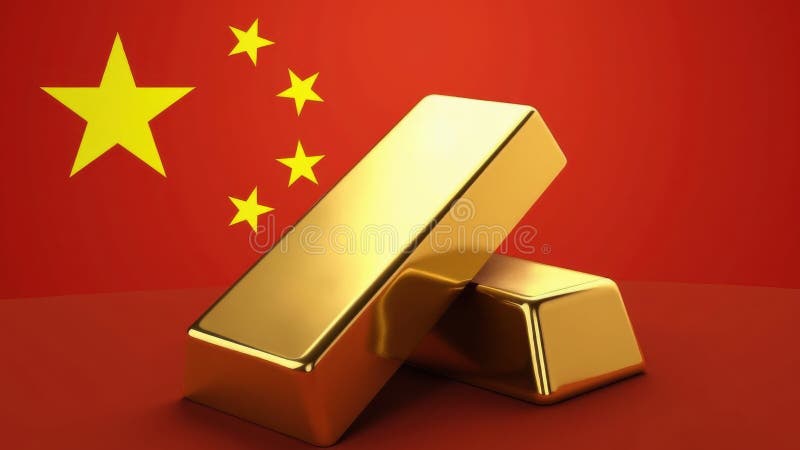 Zwei Goldbarren ragen deutlich in einem roten Hintergrund mit einer großen Vertretung Chinas Flagge auf. Zwei Goldbarren liegen auf rotem Hintergrund mit einer großen Vertretung Chinas. Diese visuelle Kommunikation vermittelt Themen der Wohlstand wirtschaftliche Stärke und Investitionspotenzial. AI generiert