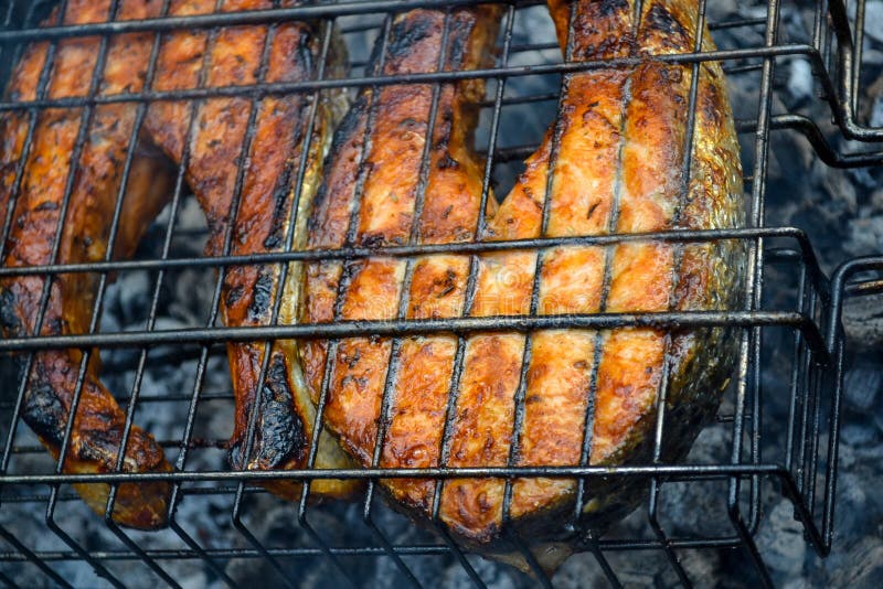 Zwei grillten Lachssteaks Kohlen-Sommerzeitraum lizenzfreie stockfotos Zwei grillten Lachssteaks Kohlen-Sommerzeitraum lizenzfreie stockfotos