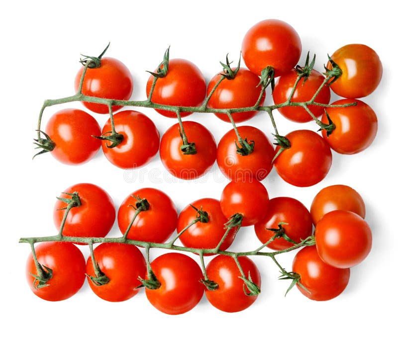 Zwei Gruppen von frischen Kirschtomaten Wei? lokalisierter Hintergrund Ansicht von oben lizenzfreies stockfoto Zwei Gruppen von frischen Kirschtomaten Wei? lokalisierter Hintergrund Ansicht von oben lizenzfreies stockfoto