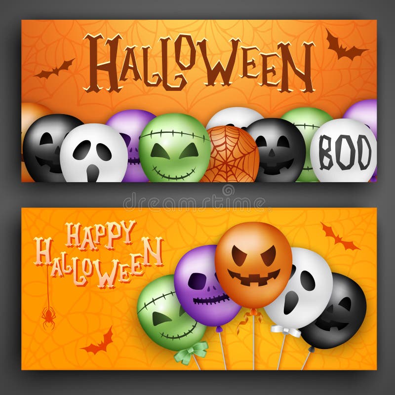 Zwei Halloween-Konzepte mit Ballonen 3D Furchtsame Luft-Ballone in den traditionellen Farben Halloween-Geist-Ballone und Spinne lizenzfreie abbildung Zwei Halloween-Konzepte mit Ballonen 3D Furchtsame Luft-Ballone in den traditionellen Farben Halloween-Geist-Ballone und Spinne lizenzfreie abbildung